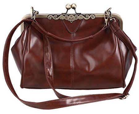 Damen Vintage Kiss Lock Top Griff Handtasche Abend Geldbörse Crossbody Umhängetasche mit Kettenriemen, coffee
