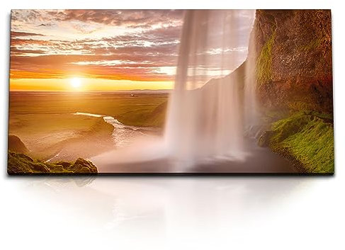 Paul Sinus Kunstdruck Bilder 120x60cm Wasserfall Island Seljalandsfoss Sonnenuntergang Abendrot