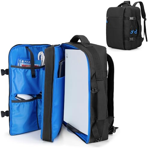 PGmoon Travel Backpack Compatible with Playstation5, Protective Carrying Case Bag for 15.6’’ Laptop, Controllers, Game Discs and More Gaming Accessories (Patent Design)