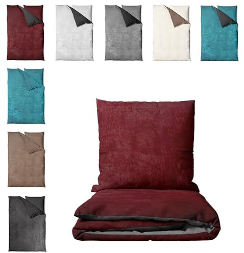 one-home Winter Bettwäsche Unifarben Teddy Plüsch Cashmere Touch Nicki Coral Fleece Flauschig Kuschelig Warm Weich, Farbe:Wende Bordeaux/anthrazit, Größe:2 teilig 155x220 cm