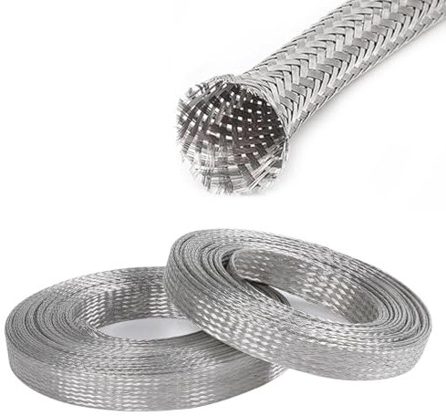SUNNAREPOON Tinned Copper Wire Shielding Sleeve, Expandable Ground Strap Wiring Braided Sleeving Metal Mesh Sheathing Cable EMI/RFI Protector (1/4inch - 12ft)