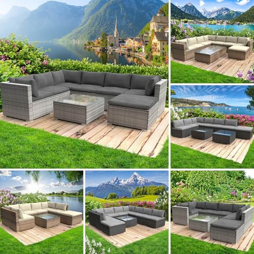 BRAST® Gartenmöbel Lounge Set | 6-7 Personen viele Modelle & Farben | inkl. extra Dicke Kissen | TÜV geprüft | Outdoor Loungemöbel Sitzgruppe Essgruppe Garnitur | Luxus Grau