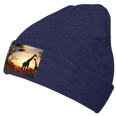 UPGENT Afrika Giraffe Majestic Tree bedruckte Beanie-Mütze für Herren und Damen, warme Totenkopf-Strickmütze, Schwarz, Marineblau, Einheitsgr��e
