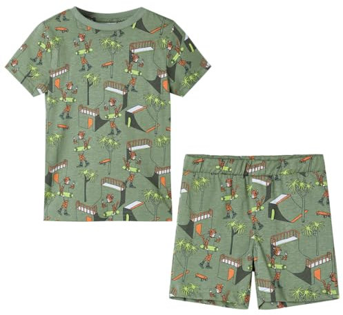 Kinderpyjama mit Kurzen Ärmeln Schlafanzug Kinder Pyjama Helles Khaki 140