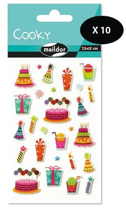 MY MANDARINE 560516Cpack - Packung mit 10 Stickerbögen 3D Stickers Cooky, 270 Stickers, Geburtstag, 1 Pack
