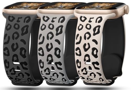3 Pack Leopard Engraved Bands Compatible with Apple Watch Band 42mm 44mm 45mm 46mm 49mm Women, Soft Silicone Cheetah Embossed Sport Strap for iWatch Series 10 9 8 7 6 5 4 3 2 1 Ultra.DBK-GBK,SLB