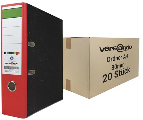 versando 20x breiter Premium Ordner DIN A4 Rücken 8cm Aktenordner Ringordner - Blauer Engel zertifiziert - rot (1 Karton)