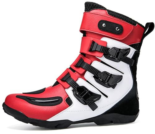 DJFOG Stivali da moto alti per unisex, stivali protettivi impermeabili in pelle microfibra da cross, comodi stivali da motocross traspiranti,Rosso,40