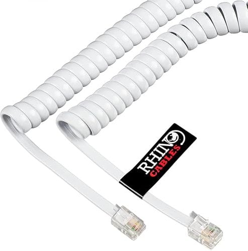 rhinocables RJ10 Coiled White Phone Cable (5m) Anti-Tangle Curly Handset Cord for BT Landline, Fax & Office | 4-Core Full Copper Wire with Gold-Plated 4P4C Connectors | 2m, 3m & 5m Options (3 Pack)