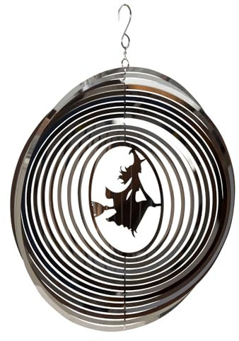 3D Windspiel aus Edelstahl mit Hexe Motiv zum Hängen Durchmesser 25cm