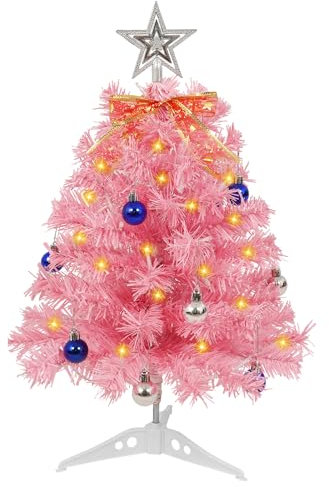 AGM 55 cm Tisch Weihnachtsbaum Rosa, Tannenbaum Pink mit 30leds Lichterketten Deko 15 bunten Weihnachtsdekoration Kugeln mit 1 Krawatte, 22inch Künstlicher Christbäume für Weihnachts Dekoration