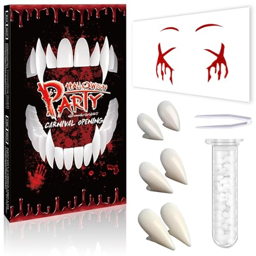 Vampir ZäHne Kinder Erwachsene - Halloween Schminke Vampirzähne Vampire Teeth Fangs Halloween Tattoo Gesicht, Halloween Make Up Accessoires Vampirgebiss Werwolf Zahnersatz für Cosplay Party
