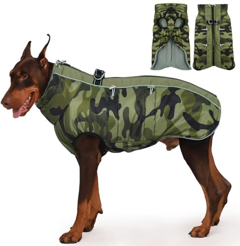 Katzinst Hundejacke Grosse Hunde, Ärmellose Wasserbeständig Schneemantel Hund, Hundemantel mit Bauchschutz, Fleecekragen Hundemantel Gefüttert für Große Hunde, Deutsche Dogge, Armee-Grün, 3XL