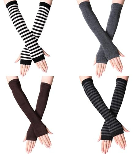 ZOCONE 4 Pairs Arm Warmers Long Fingerless Gloves for Women, Striped Arm Warmer Long Warm Arm Sleeves Women, Stretchy Wrist Warmers Sleeve Arm Warmers Gloves Autumn Winter Accessories (Dark Colours)