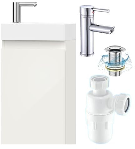 BELOFAY 400mm Under Sink Bathroom Cabinet Floor Standing Storage Cupboard Basin vanity Unit, 400mm Laquered Cloakroom vanity unit with basin, Trap and Waste, Tap not included (Denvor White)