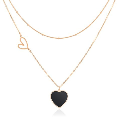 Linawe Kette Schwarz Halskette Damen, Herzkette Herz Kette mit Anhänger, Edelstahlkette Edelstahl Schmuck Jewelry, Rosegold Statement Layering Kette Schmucksets, Trachtenschmuck
