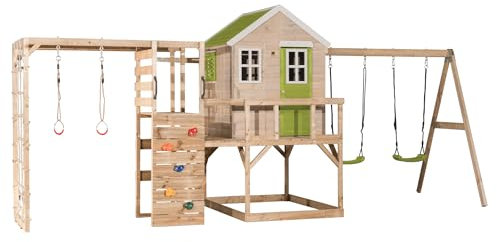 Wendi Toys M27-G Stelzenhaus Holz-FSC mit Rutsche, Schaukel, Großes Spielhaus Kinder Outdoor 197×563×242 cm, mit Kletterwand, Kletterturm, Turnringen