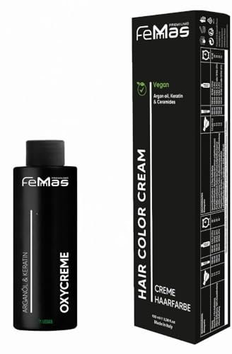 Femmas Haarfarbe Set Schwarz 1.0 I Hair Color Cream 100ml + Oxycreme 100ml 6% I Permanente Haar-Coloration + Entwickler I Schonend & langanhaltend I Salon-Haarfarbe für Zuhause