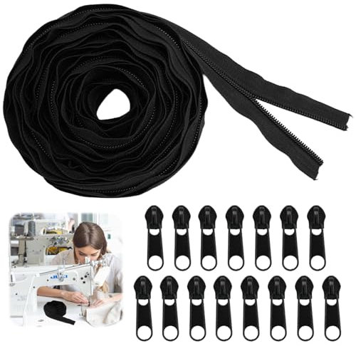 5mx1.3cm Cerniera Lampo Catena Continua, Cerniera Lampo al Metro Nera, Cerniere al Metro in Nylon, Cerniere Continue con 15 Tirazip Tiranti, per Giubbotti, Abbigliamento, Biancheria da Letto