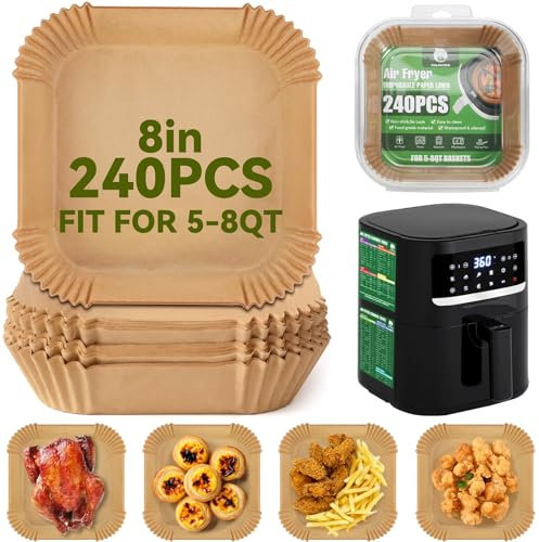 OAMCEG Air Fryer Liners Disposable Square – 240PCS Parchment Paper for 5-8QT Air Fryer, Oven, Microwave – Nonstick, Waterproof, Greaseproof with Recipe Stickers