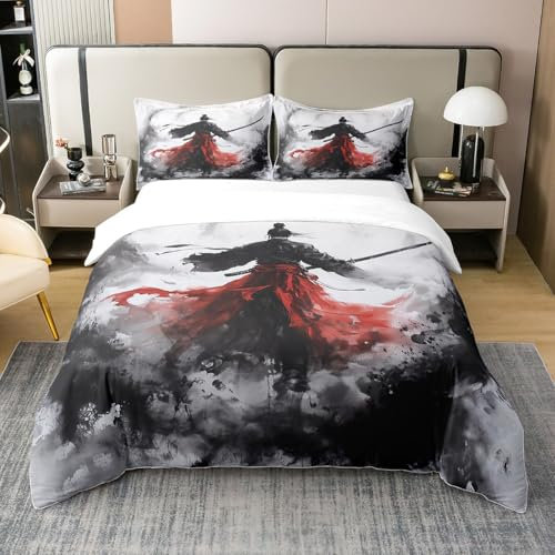 Juego de funda de edredón de algodón 100 % natural de samurai japonés, tamaño Super King, juego de ropa de cama de teñido anudado en acuarela, funda de edredón tradicional con pintura lavada de tinta,