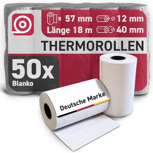 Gebongt24 Thermorollen 57 mm x 18m x 12 mm mit 55g/m² -– hochwertige Bonrollen aus BPA-freiem Thermopapier – 50 Kassenrollen mit ⌀ 40 mm – für EC-Cash & Kassenbondrucker