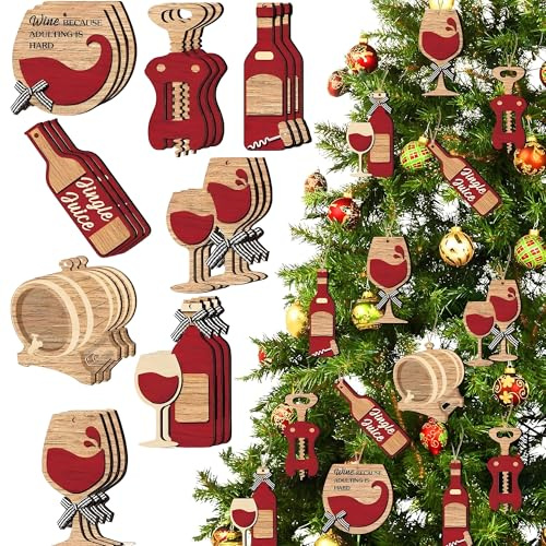 CHENNAN 24 Stück Weinflaschen-Ornamente aus Holz Weinschmuck für Weihnachtsbaum Weihnachtsdekoration Dekorative hängende Ornamente Weihnachtsbaum Holz deko für Weihnachten Party Dekoration (A)