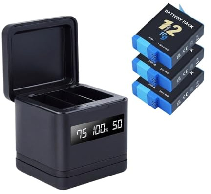 Battery With Charger Case Sport Camera Batteries Black Accessories - Compatible With GoPro Hero 12 11 10 9(3Battery 1 Charger)