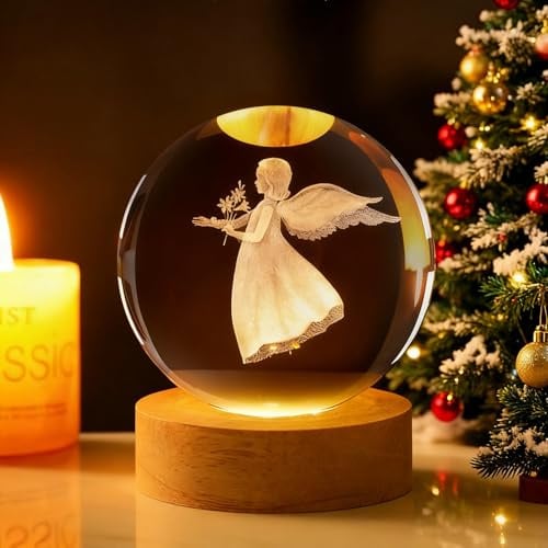 Kristallkugel Nachtlicht Weihnachtsdeko, 60mm Engel Glaskugel Deko | 3D Glaskugel Lampe Deko Briefbeschwerer mit Holzsockel und USB, Crystal Ball, Weihnachts Zuhause Deko für Geschenk
