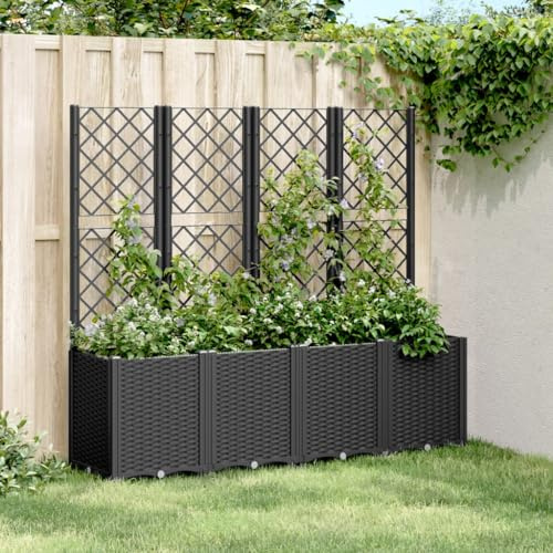 Grand pot de fleurs avec treillis intégré en polypropylène robuste, 4 jardinières modulaires avec aspect rotin pour plantes grimpantes comme les tomates et les roses, idéal pour le jardin