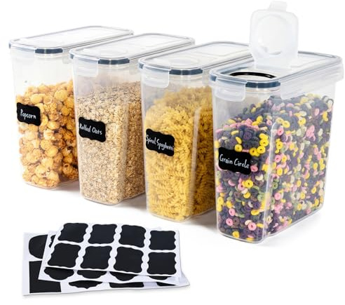 OTraki 4 Piezas Tarros Cocina Almacenaje 4L, Recipientes Herméticos Para Alimentos Con Tapa Sin Bpa, Food Storage Containers Tupper Hermético Con Etiqueta Para Cereali, Muesli Arroz(Negro)