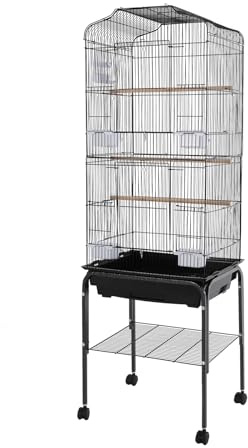 Vogelkäfig Papageienkäfig mit Ständer und Rollen, 47 x 37 x 137,5 cm | Schwarz, 1,3 cm Gitterabstand, Ausziehbare Schale, Ablagefach, 4 Futternäpfe, Tränke, 2 Rollen mit Bremsen