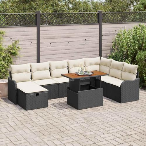 Tonture Garten-Sofa-Set 9-teilig Schwarz, Poly-Rattan Lounge Möbel mit Akazienholz-Tisch, verstellbare Höhe, für Terrasse, Balkon, Außenbereich