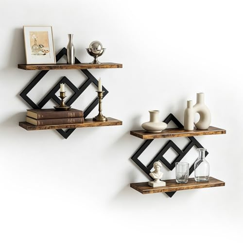 YuLiMirich 2er-Set Wandregal Holz und Metall, Schweberegal, Regal Wand, 2-stöckige Hängeregale für Wohnzimmer,Schlafzimmer,Küche,Büro (Schwarz) (Raute)
