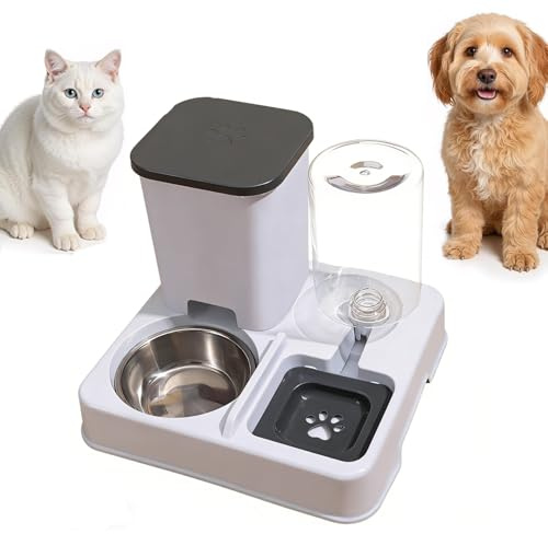 Taicols 2-in-1 Automatischer Futter und Wasserspender für Haustiere, Abnehmbarer Futterstation, Katzenfutter Spender und Tränke mit Edelstahlschale, Futterspender für Katze und kleine Hunde (Grauweiß)