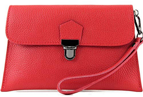 modamoda de T190 Damen Leder Clutch Handgelenktasche Schultertasche mit Kette handmade in Italy, Farbe:Signalrot