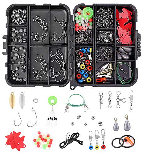 Pwsap 210pcs/box Fishing Accessories Kit, Including Jig Hooks, Bullet Bass Casting Sinker Weights, Fishing Swivels Snaps, Spoon Lure, Sinker Slides, Fishing Line Beads, Fishing Set with Tackle Box
