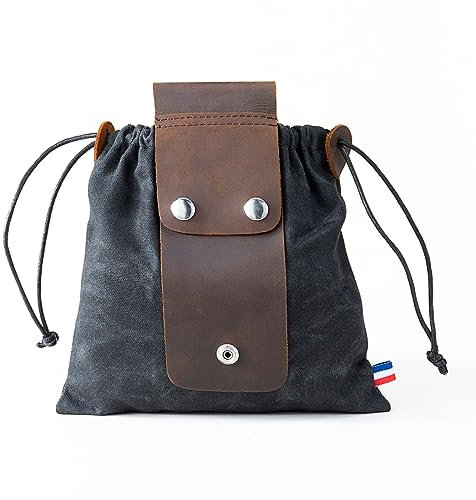 Tasche für Futtersuche Zusammenklappbar für Wandern, Faltbare Canvas Bushcraft-Tasche aus Leder und Leinwand mit Kordelzug für Camping Radfahren Klettern,Schwarz