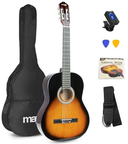 MAX SoloArt Guitarra clasica con cuerdas de nailon para Principiantes Adultos - guitarra flamenca con Funda, Afinador, Púa, Correa y Accesorios. Guitarra Española 4/4 en color Sunburst