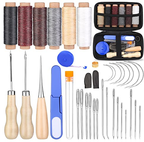 40 Pcs Leather Sewing Kit, Leather Needles Hand Sewing, Professional Sewing Kit with Waxed Thread for Beginners Handmade Crafts, Stitching, Repairing