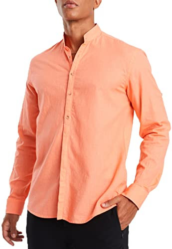 Leif Nelson Chemise en lin pour homme avec col montant, mélange de lin et de coton, loisirs et affaires, retroussée à manches courtes grâce au bouton cousu, Rose saumon, L