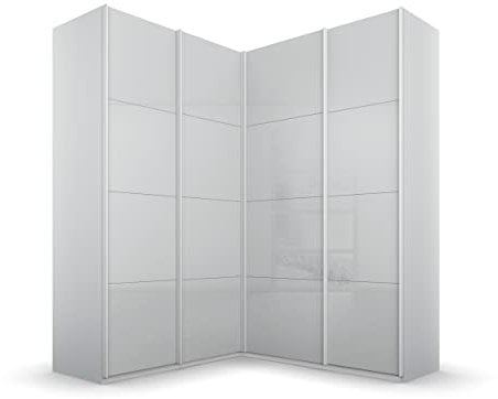 Rauch Möbel Quadra Schrank Eckschrank Schwebetürenschrank, Grau, 4-trg., inkl. 2 Kleiderstangen, 12 Einlegeböden, 3 Schubkästen, BxHxT 181x229x187 cm