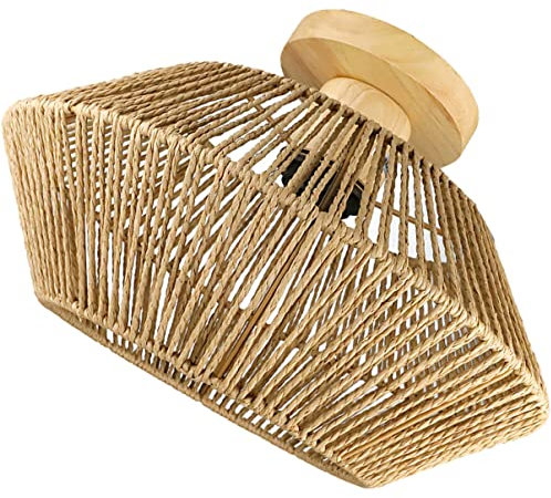 OSALADI Straw Mount Corridor Mini Fixturee Ceiling Mounted Entryway Basket Study Room Light for Fixture Kitchen Without Cover Rustic Woven Lampe Rattan Shade Lamp Hallway Flush Rope