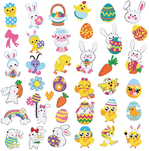 36 Stück Ostern Diamant Malerei Aufkleber,5D Diamond Painting Set Ostern für Kinder Erwachsene Anfänger,Kaninchen Hase Ei DIY Ostern Diamond Painting Sticker Set Diamant Bilder Aufkleber Kit Geschenk