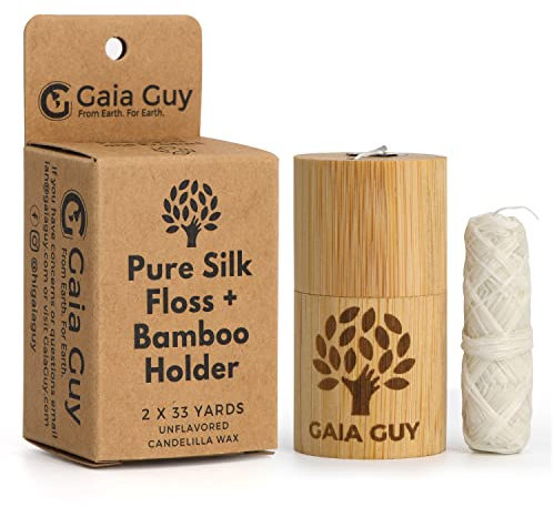 Filiera naturale non aromatizzata Gaia Guy con supporto riutilizzabile in bambù | 2 x 33 yds, pura seta cerata con cera vegetale | Confezione senza plastica