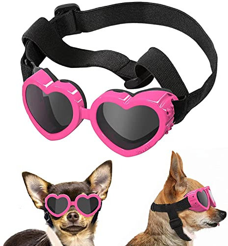 Hunde-Sonnenbrille, herzförmig, verstellbare Hundebrille, UV-Schutzbrille, für kleine und mittelgroße Hunde, winddichte Motorradbrille, rosa