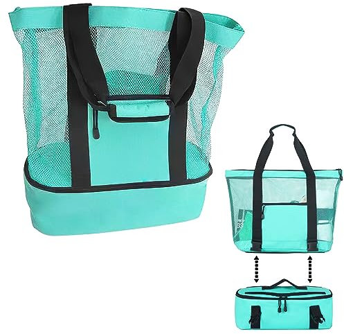 VEKXAR Große Strandtasche Netztasche, Isolierte Kühlbox für Strand und Picknick, Extra große Badetasche mit Reißverschluss, Familien-Strandtasche in Türkis (grün)