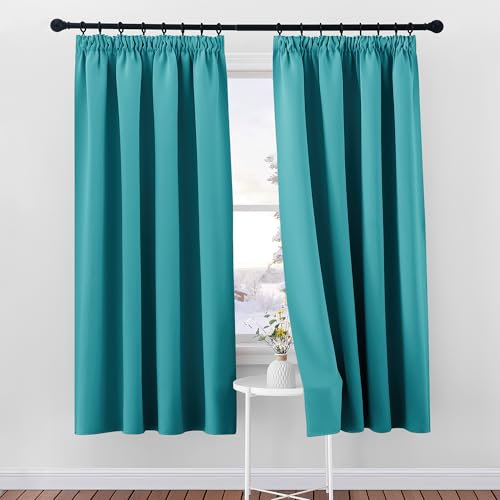 PONY DANCE Verdunklungsgardine Kräuselband 2er Set H 175 x B 140 cm Schlafzimmer Gardinen Verdunkelung für Schienensystem Vorhang Kurz Blickdicht Thermogardine Hitzeschutz, Türkis