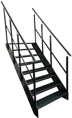 Kaminbau Mierzwa Premium Stahl Treppe W2 mit beidseitigem Geländer komplett Anthrazit /8 Stufen (Breite 1400 mm) (Höhe 152 cm) Wetterfest Gitterroststufe Gartentreppe