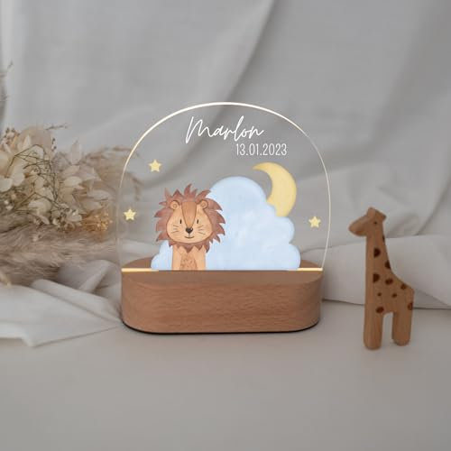 wunderwunsch® - Personalisiertes Nachtlicht für Babys - Individuelle Nachttischlampe für Kinder - Personalisierte Geschenke Kinder - Babygeschenk - Geschenk zur Geburt (Löwe)
